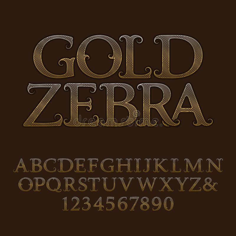 Golden wavy lines patterned capital letters and numbers. Decorative vintage font. Isolated english alphabet with text Gold Zebra.