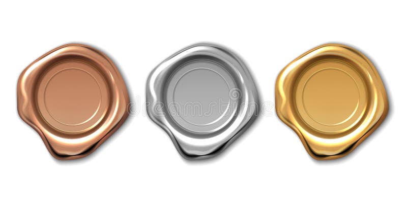 Golden wax stamp. Realistic letter label, 3d royal medieval certificate seal, quality guaranteed logo. Vector candle wax stock illustration Golden wax stamp. Realistic letter label, 3d royal medieval certificate seal, quality guaranteed logo. Vector candle wax stock illustration