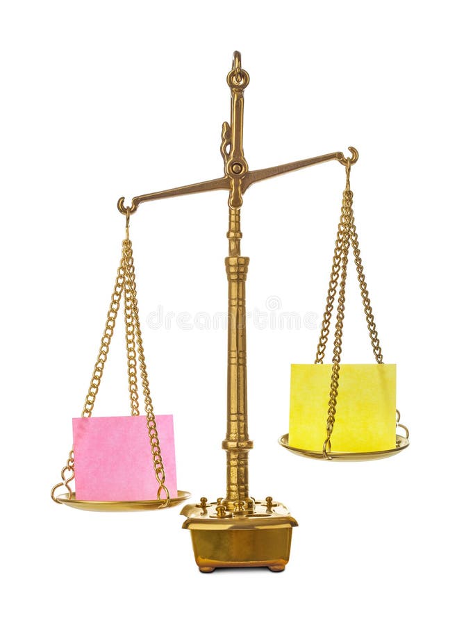 Golden weight balance scale with blank paper stock photos Golden weight balance scale with blank paper stock photos
