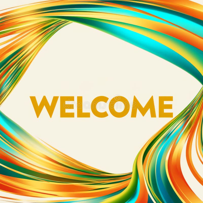 Golden "Welcome" text on a light background with elegant swirling multi-colored lines. royalty free stock images