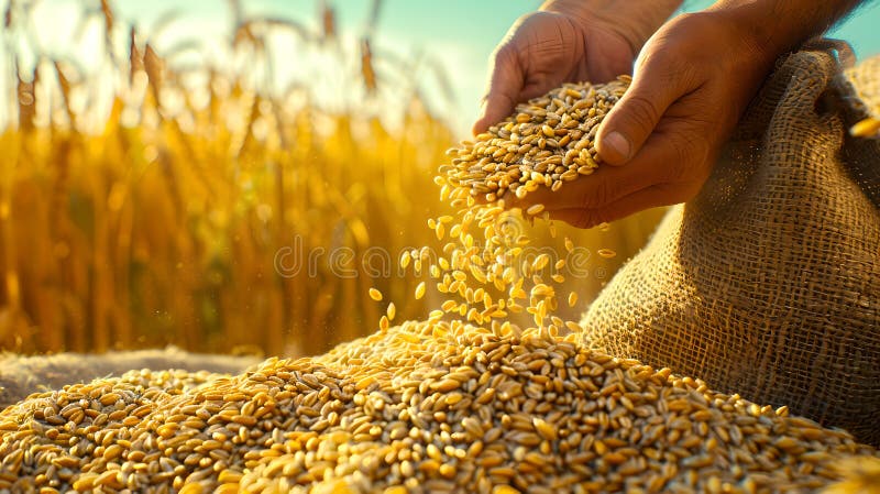 Golden wheat grains slipping through farmer's hands against a sunny field. Close-up of harvest time. Agricultural royalty free stock photography