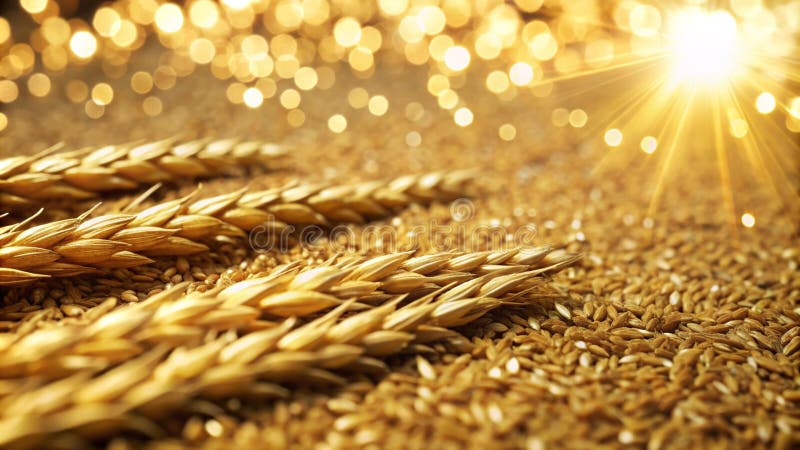 Golden wheat stalks in a field with sunbeams shining through vector illustration