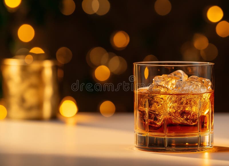 Golden whiskey cocktail in old fashioned glass with ice set against blurred background of warm bokeh lights creates cozy and stock illustration