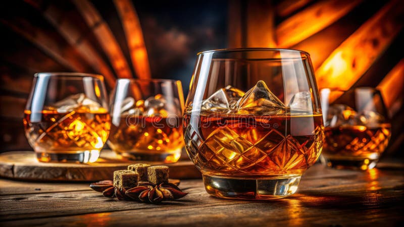 Golden Whiskey Swirl in Ornate Glass A Luxurious Still Life vector illustration