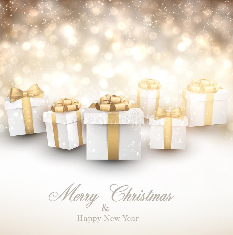 Golden winter background with christmas gifts.