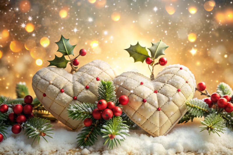 Golden Winter Wonderland Whimsical Quilted Hearts Adorned with Holly and Berries under ett Snowfall of Sparkle vektor illustrationer