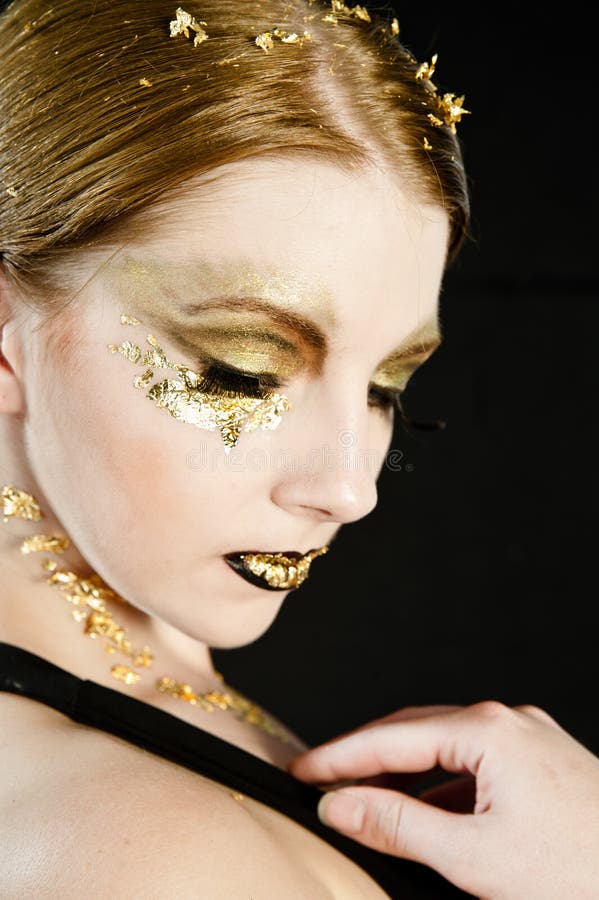 Belief. Styled Woman with Praying Hands. Golden Makeup Stock Photo ...