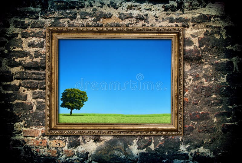 Golden wooden frame with beautiful landscape stock photo