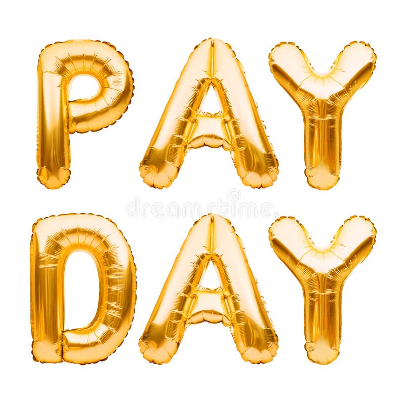 Golden words PAY DAY made of inflatable balloons isolated on white. Gold foil balloon letters. Accounting, banking, money, salary