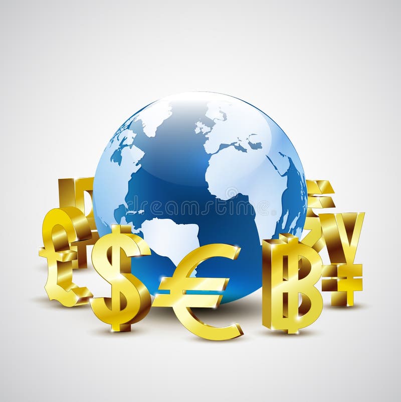 Golden world currency symbols moving around 3d world for global economic