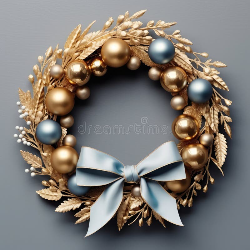 A golden wreath with blue and gold ornaments. Generative AI. Christmas wreath clipart. A golden wreath with blue and gold ornaments. Generative AI. Christmas wreath clipart.