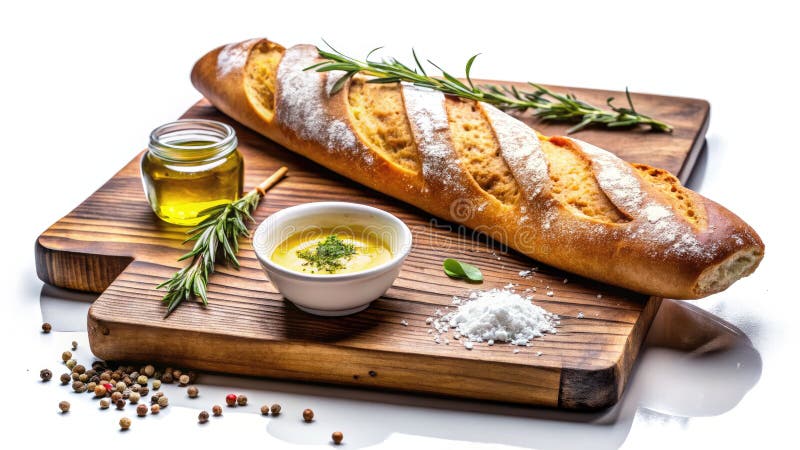 GoldenBraun Rustikale hausgemachte Baguette Ein kleines kulinarisches Meisterwerk auf einem Holzbrett stock abbildung