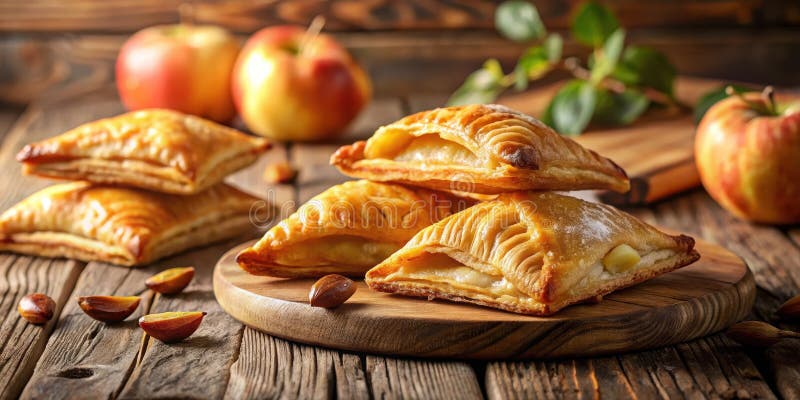 Goldenbraune Gebäckspezialitäten gefüllt mit süßem Apfel, gefüllt mit Puderzucker, auf einer rustikalen Holzplatte mit ganzen Äpfe stock abbildung
