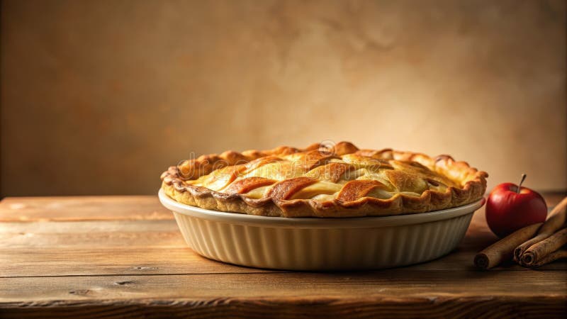 Goldenbrauner Apfelkuchen in einer rustikalen Keramik, begleitet von einem frischen Apfel und Zimt auf einem Holztisch. Generative lizenzfreie abbildung