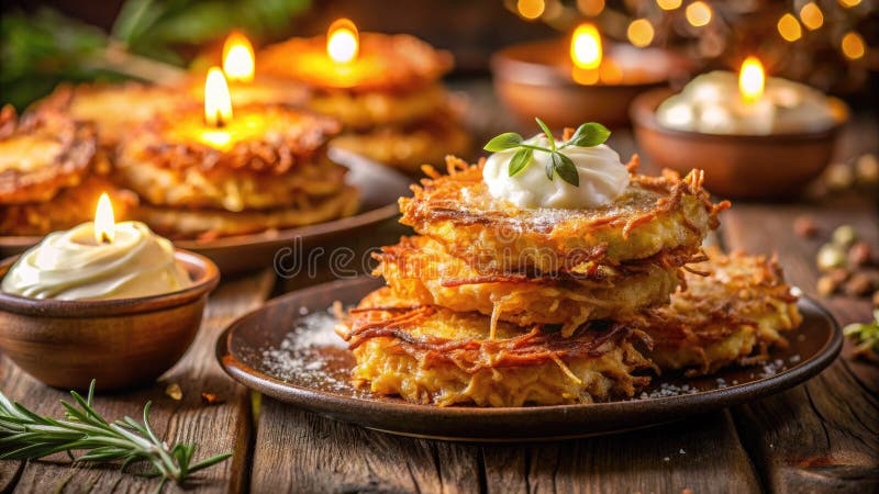 Goldenbrown chrupiący ziemniak latkes uczta hanukka uchwycona w niesamowitej fotografii długiej ekspozycji ilustracja wektor