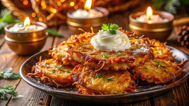 GoldenBrown Hanukkah Latkes Długa ekspozycja Świętowanie chrupiących ziemniaczanych naleśników z kwaśną śmietanką ilustracji
