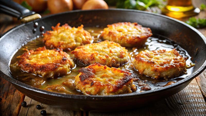 GoldenBrown Latkes Fry in Hot Oil A Delicious Hanukkah Tradition Overhead CloseUp View royalty ilustracja