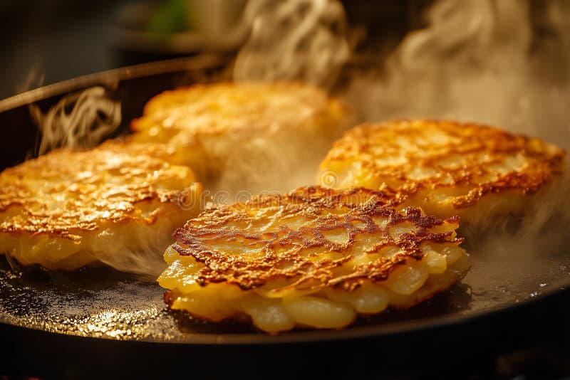 Goldenbrown latkes sizzling in pan ndash closeup of crispy potato pancakes for hanukkah jewish holiday food royalty ilustracja