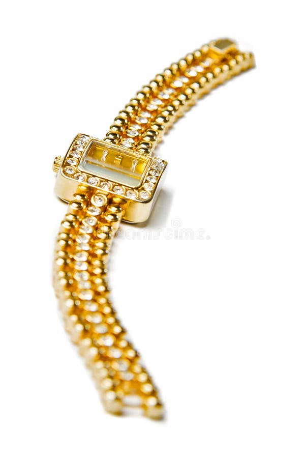 Goldene Armbanduhr mit Edelsteinen stockfotografie Goldene Armbanduhr mit Edelsteinen stockfotografie