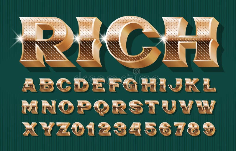 Rich alphabet font. 3D Luxury vintage golden letters and numbers. Stock vector typescript for your design. Rich alphabet font. 3D Luxury vintage golden letters and numbers. Stock vector typescript for your design.