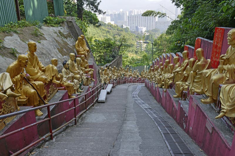 Goldene Buddha-Statuen an Zehntausend Buddhas-Kloster, Hong Kong stockbild Goldene Buddha-Statuen an Zehntausend Buddhas-Kloster, Hong Kong stockbild