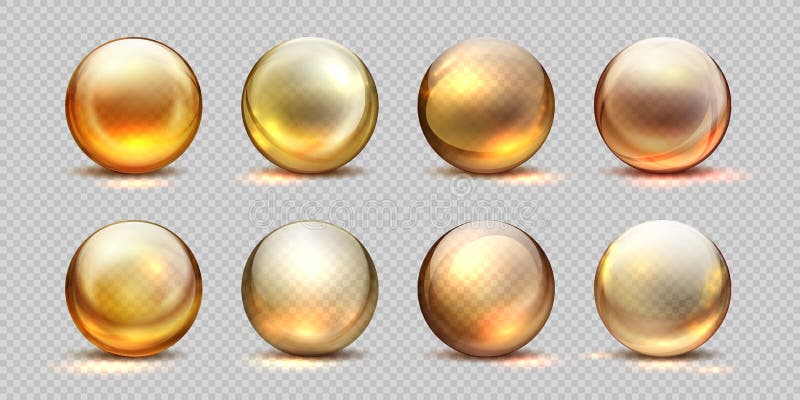 Goldene Bälle des Kollagens Realistisches kosmetisches Öl, flüssiger Serumtropfen, transparente lokalisierte Pillen 3D Gelbes Kol stock abbildung
