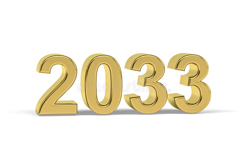 Goldene 3D-Nummer 2033 Jahr 2033 isoliert auf weißem Hintergrund. Golden 3d Nummer 2033 Jahr 2033 isoliert auf weißem Hintergrund 3d rendern
