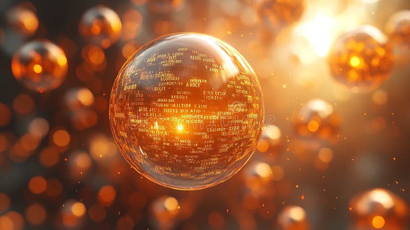 Goldene Datensphäre schwimmt inmitten glühender Orbs Sunset-Technologie vektor abbildung