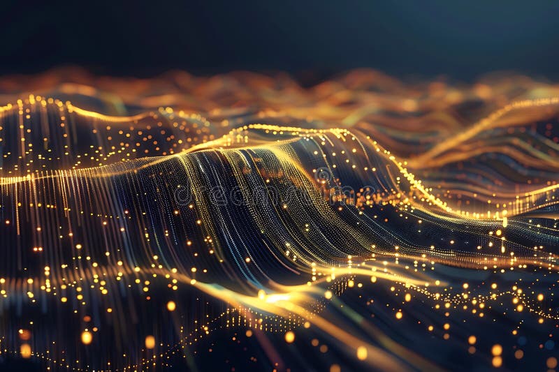 Goldene Datenwellen abstrakten die Konnektivitätspartikel der digitalen Landschaftsnetztechnik en flow vektor abbildung