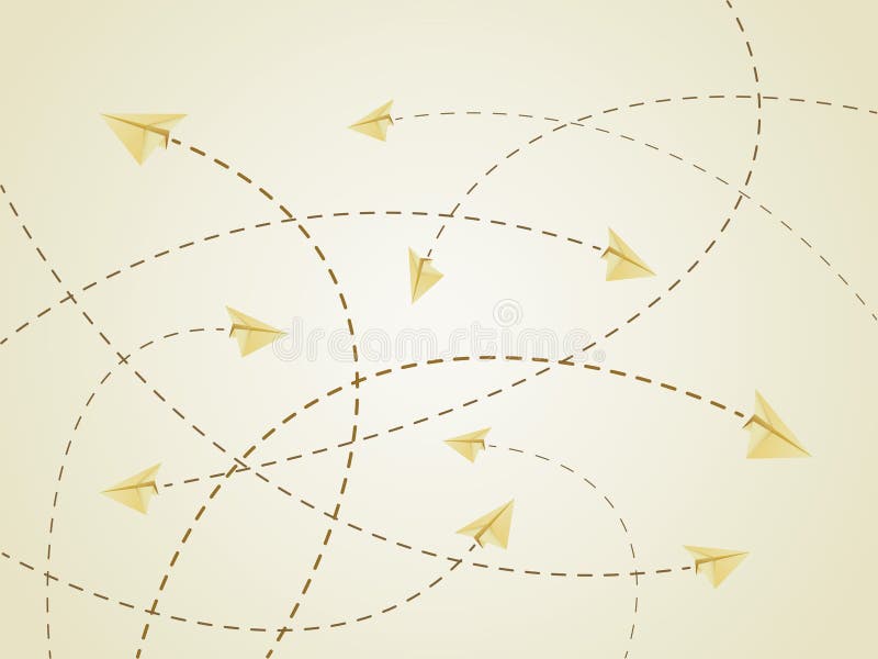 Goldene Farbflugstrecken des Papierflugzeugs oder -flugzeuge mit Überfahrtlinien stock abbildung Goldene Farbflugstrecken des Papierflugzeugs oder -flugzeuge mit Überfahrtlinien stock abbildung