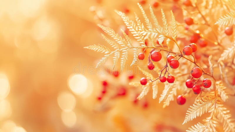 Goldene Farne und rote Beeren, schön beleuchtet in sanftem Licht und schaffen eine warme und zarte Herbstszene mit leuchtender Nat vektor abbildung