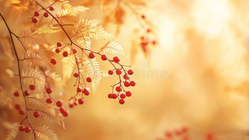 Goldene Farne und rote Beeren, schön beleuchtet in sanftem Licht und schaffen eine warme und zarte Herbstszene mit leuchtender Nat stock abbildung