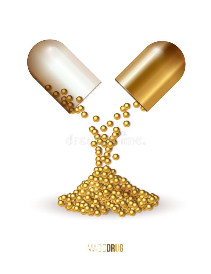 Goldene geöffnete Kapselpille mit der fallenden goldenen Droge lokalisiert auf weißem Hintergrund Auch im corel abgehobenen Betra lizenzfreie abbildung Goldene geöffnete Kapselpille mit der fallenden goldenen Droge lokalisiert auf weißem Hintergrund Auch im corel abgehobenen Betra lizenzfreie abbildung