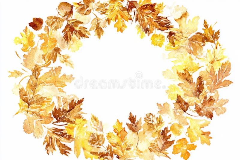 Goldene Herbstblätter, die den Mittelpunkt des Wasserfarbenkreises bilden stockbild