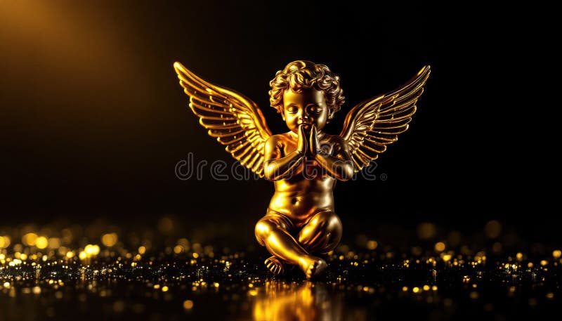 Goldene Kirschstatue mit Flügeln inmitten schimmernder schwarzer und goldener Umgebung vektor abbildung