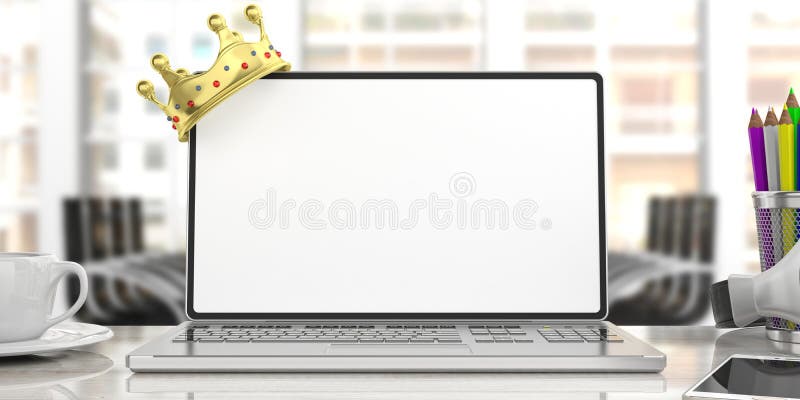 Goldene Krone auf einem Laptop - Bürohintergrund Abbildung 3D vektor abbildung