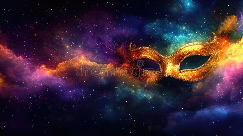 Goldene Maskerade inmitten einer lebendigen kosmischen Nebel-Kulisse. Mardi gras Fett Dienstag Karnevalssaison. helle Paraden stockfotografie