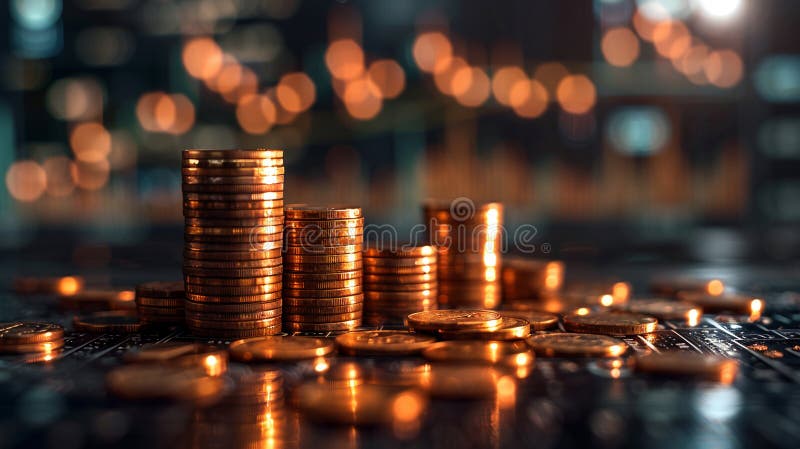 Stacked golden coins glow under bright lights, illustrating concepts such as financial investment, wealth accumulation, and economic growth. Stacked golden coins glow under bright lights, illustrating concepts such as financial investment, wealth accumulation, and economic growth