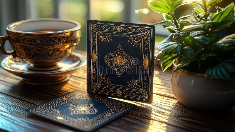 Goldene Ornate Spielkarten für einen entspannenden Abend stock abbildung