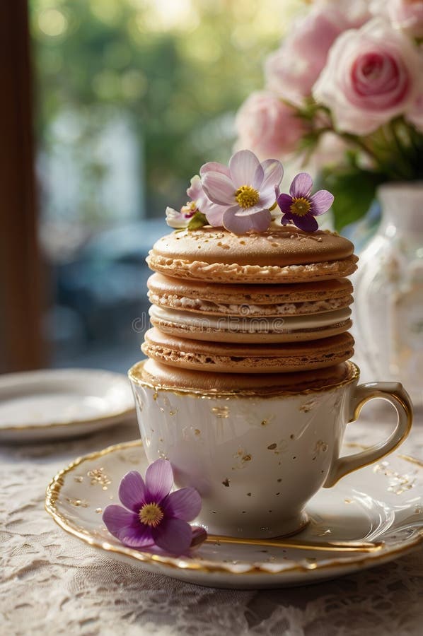 Goldene Pfannkuchen mit Puderzucker elegant Frühstücksraum stock abbildung