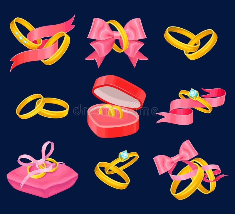 Goldene Ringe der Hochzeit und der Verpflichtung eingestellt Lokalisierte Gegenstände mit rosa Bändern, Herz formten Kasten, Kiss lizenzfreie abbildung Goldene Ringe der Hochzeit und der Verpflichtung eingestellt Lokalisierte Gegenstände mit rosa Bändern, Herz formten Kasten, Kiss lizenzfreie abbildung