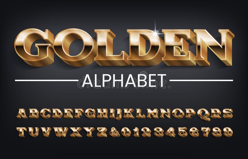 Golden alphabet font. 3D serif letters and numbers with shadow on dark background. Stock vector typescript for your design. Golden alphabet font. 3D serif letters and numbers with shadow on dark background. Stock vector typescript for your design.
