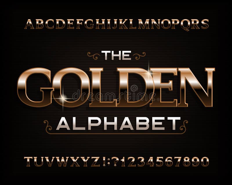 Golden alphabet font. Serif gold effect letters, numbers and symbols. Stock vector typescript for your design. Golden alphabet font. Serif gold effect letters, numbers and symbols. Stock vector typescript for your design.