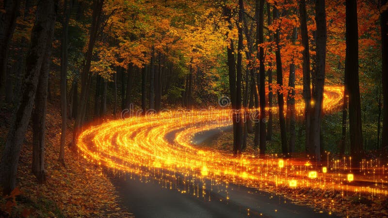 Goldener Datenstrom, der durch die Herbstwaldstraße fließt und die Cyberkommunikationsgeschwindigkeit symbolisiert vektor abbildung