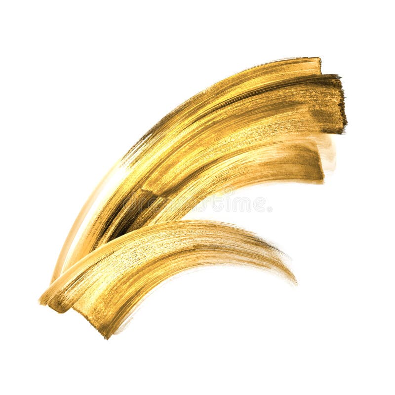 Goldener Farbabstrich, gelbe Pinselstriche, abstrakte handgemalte Form, auf weißem Hintergrund isolierte Aquarellklammer, Make-up stock abbildung