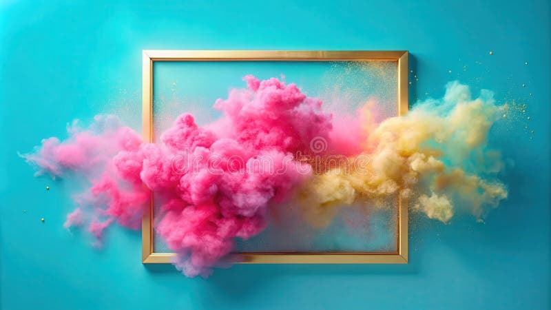 Goldener Rahmen, der eine lebhafte Explosion von rosa und gelben Pulverwolken vor türkisfarbenem Hintergrund verkapselt. Generativ vektor abbildung