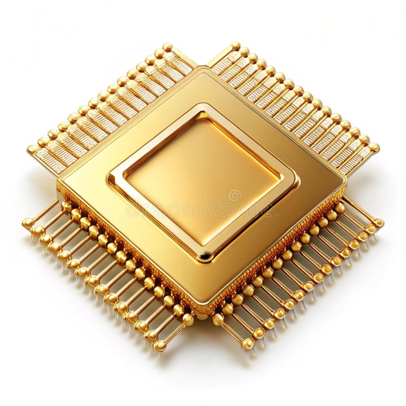 Ein futuristischer, goldener Scifi-Datenchip, isoliert auf weißem Hintergrund, ideal für Technologie und cybernetische Themen