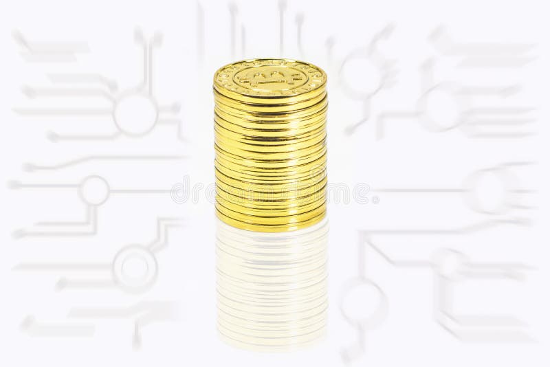 Goldener Stapel Bitcoin mit Diagrammnetz auf weißem Hintergrund