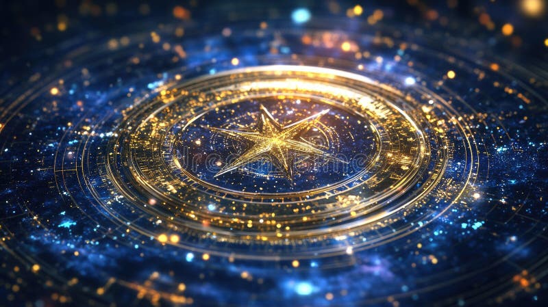 Goldener Stern inmitten einer dynamischen kosmischen Raumszene mit schwimmenden Partikeln lizenzfreies stockfoto