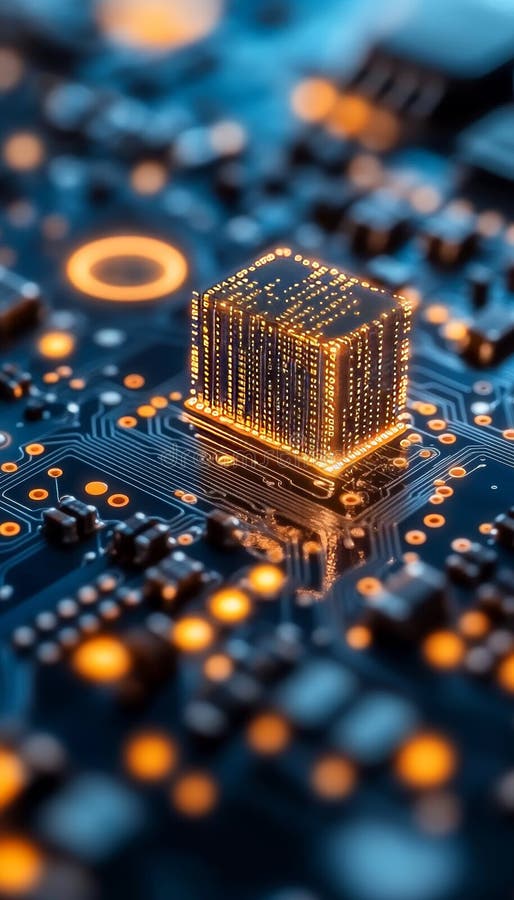 Goldener Wolkenkratzer auf glühender Leiterplatte symbolisiert digitales Zeitalter und moderne Technologie lizenzfreie abbildung